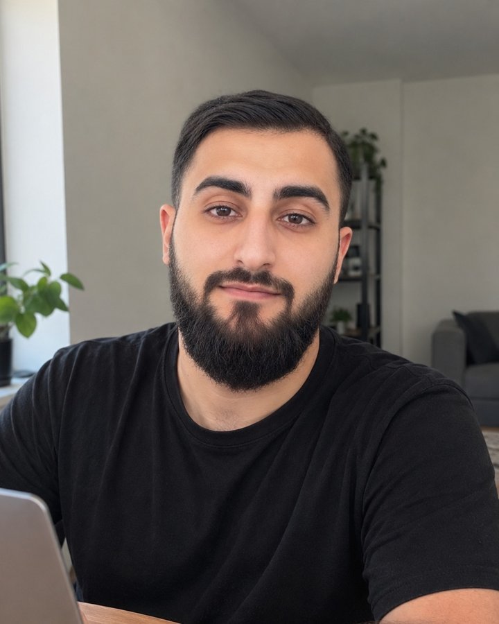 Somaar Jeber, webdesigner in Arnhem, aan tafel met zijn laptop